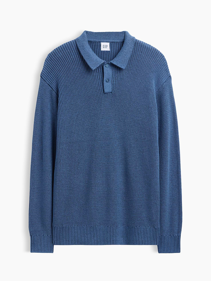 Image 5 of 5, 100% Cotton Relaxed Ribbed Polo Sweater