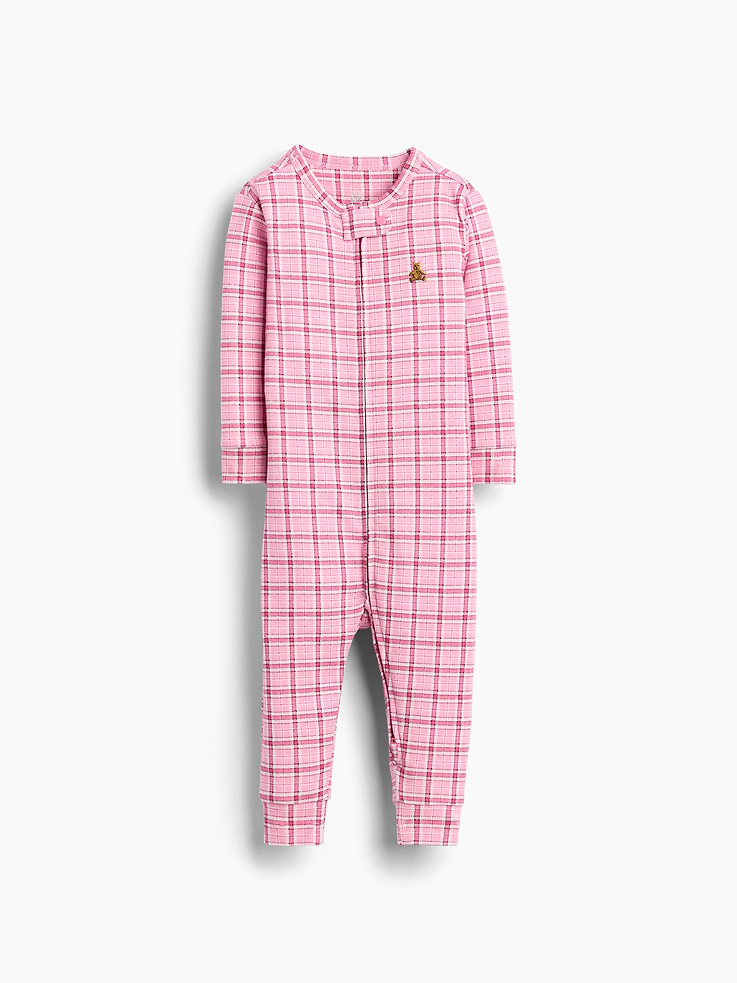 Image 1 of 3, Soft cotton jersey baby one-piece., Crewneck with snap tab to protect little chins., Long sleeves with foldover cuffs to prevent scratches., Reversible two-way zipper for easy dressing and diapering., Banded cuffs., Made with 100% organically grown cotton which is grown without the use of synthetic pesticides and fertilizers., Shop matching PJs for all., This product was made in a factory that invests in gender equity and women’s empowerment through RISE. Learn more at gapinc.com/equity ., Product #915915