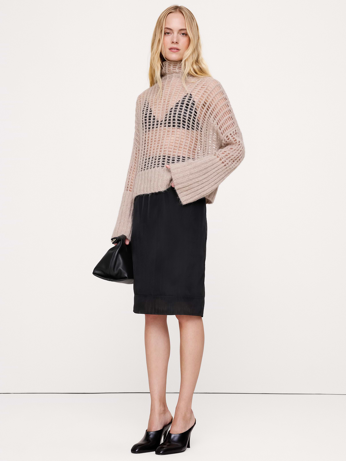 Italian Open-Stitch Funnel-Neck Sweater