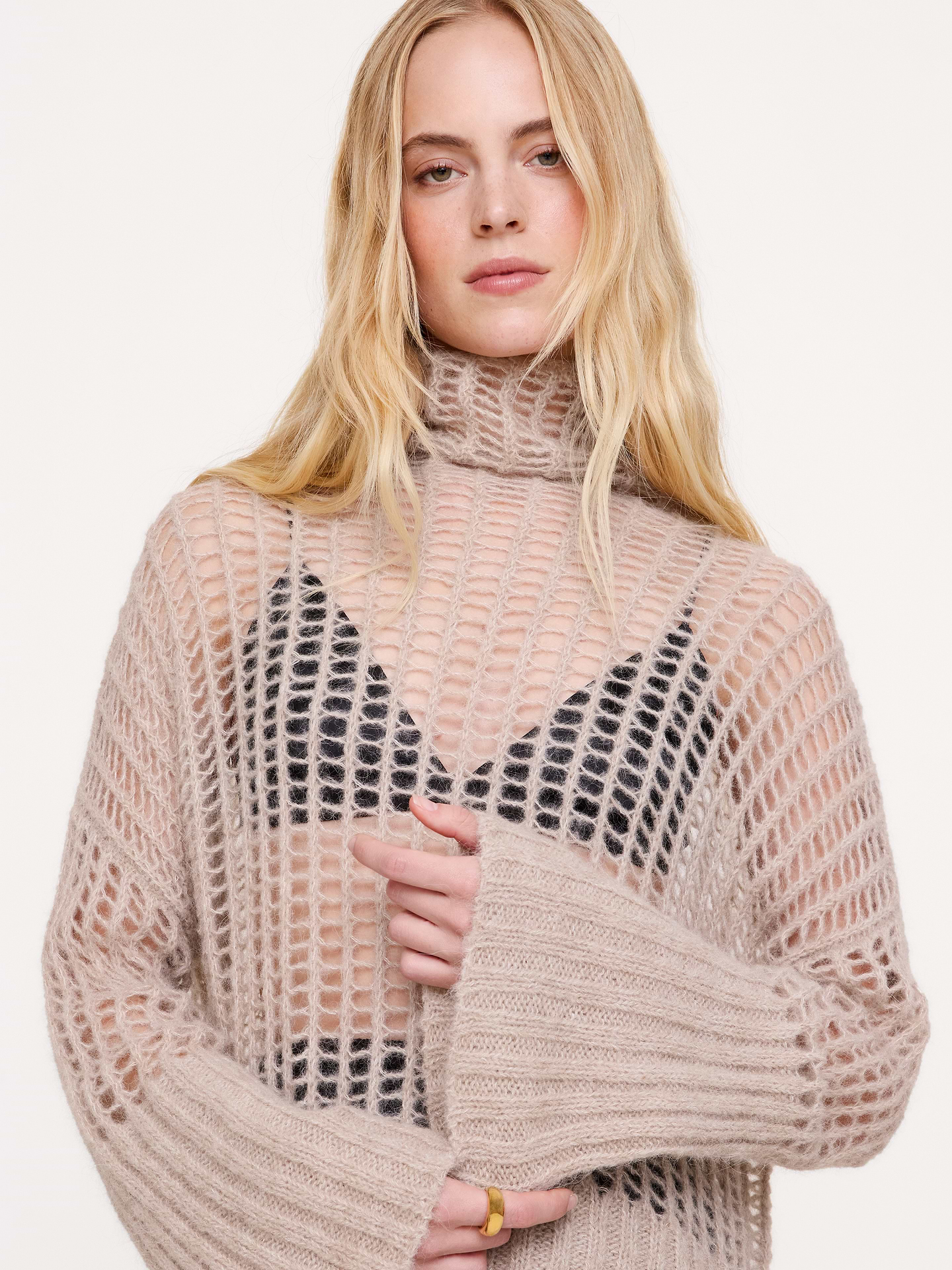 Image 4 of 6, Italian Open-Stitch Funnel-Neck Sweater