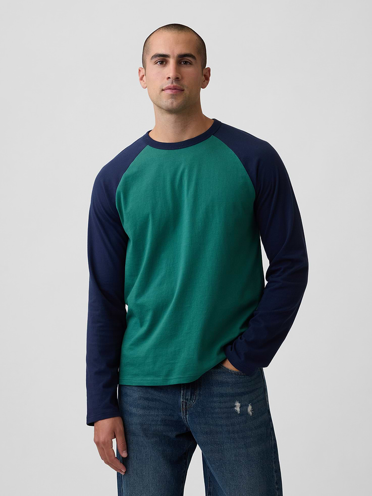 Image 1 of 5, Soft jersey knit., Colorblocking at long raglan sleeves., Crewneck., This product was made in a factory that invests in gender equity and women’s empowerment through RISE. Learn more at, Product #1195157