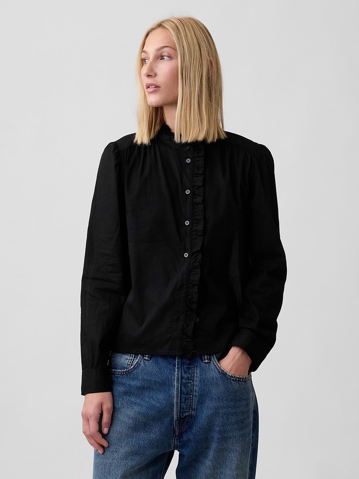 Image 1 of 5, Smooth voile weave., Long sleeves with button cuffs., Ruffle trim at collar and button front., Select styles have allover plaid., This product was made in a factory that invests in gender equity and women’s empowerment through RISE. Learn more at, Product #1184386
