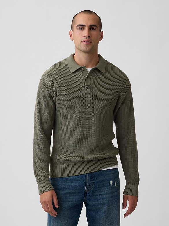 Relaxed Ribbed Polo Sweater