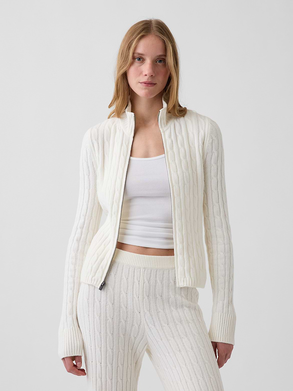 CashSoft Cable-Knit Zip Cardigan