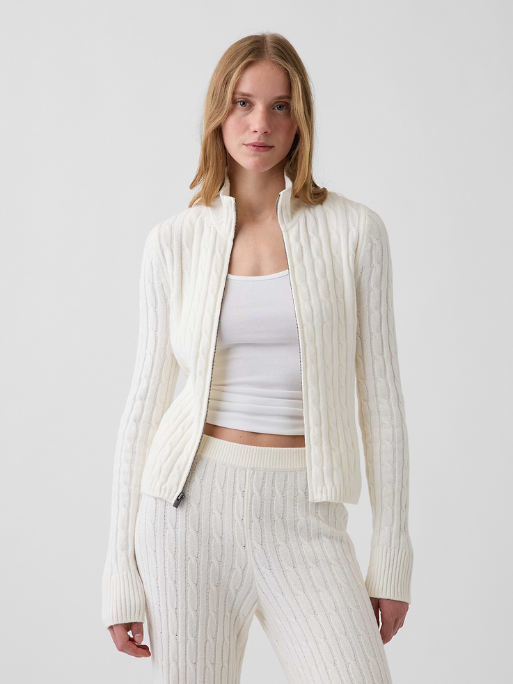 Image 1 of 5, Supersoft cable-knit cotton-blend zip cardigan., Mockneck, zipper front., Long sleeves., Ribbed cuffs and hem., This product was made in a factory that invests in gender equity and women’s empowerment through RISE. Learn more at gapinc.com/equity ., Product #1186083