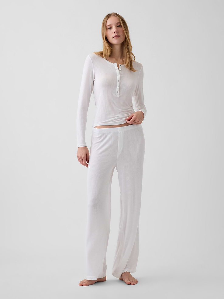 Image 2 of 5, SoftMade Modal Rib Henley PJ Top