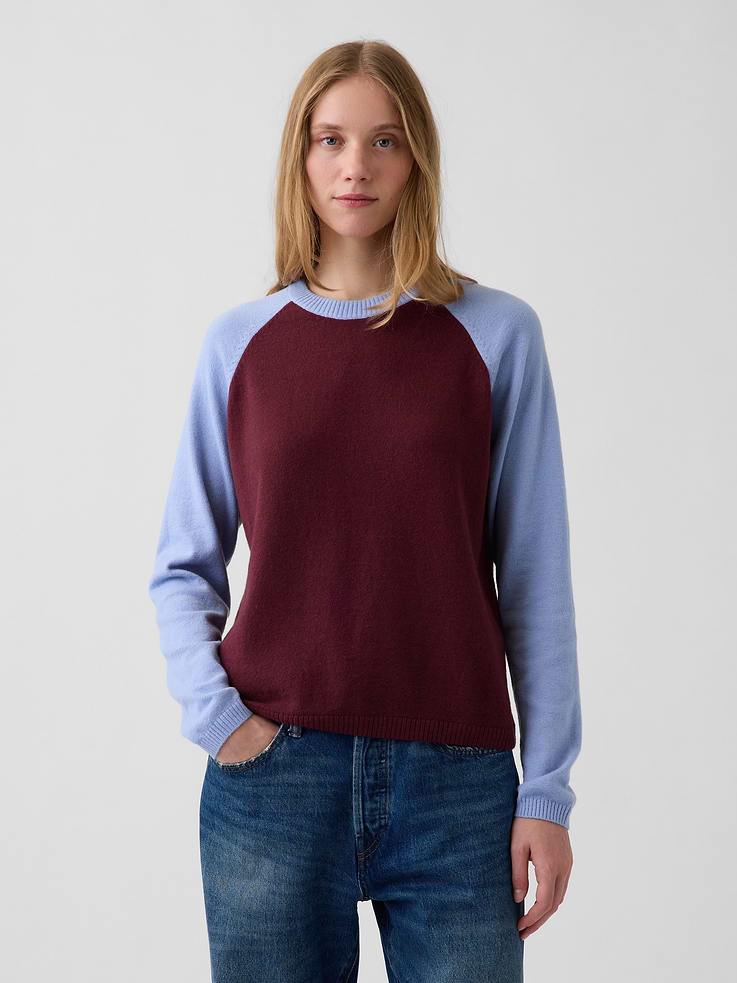 Image 1 of 5, Supersoft cotton-blend baseball sweater. In a relaxed fit., Crewneck., Long raglan sleeves., Ribbed hem., Colorblock design., This product was made in a factory that invests in gender equity and women’s empowerment through RISE. Learn more at gapinc.com/equity ., Product #1196087