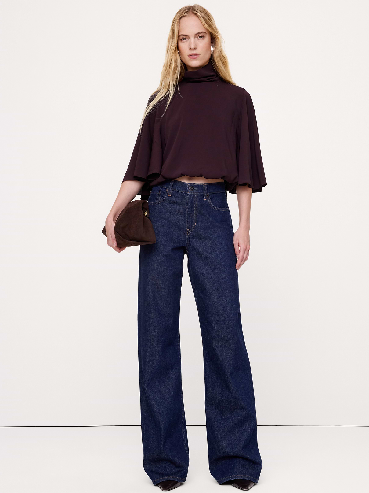 Georgette Ruched Mock-Neck Cropped Top