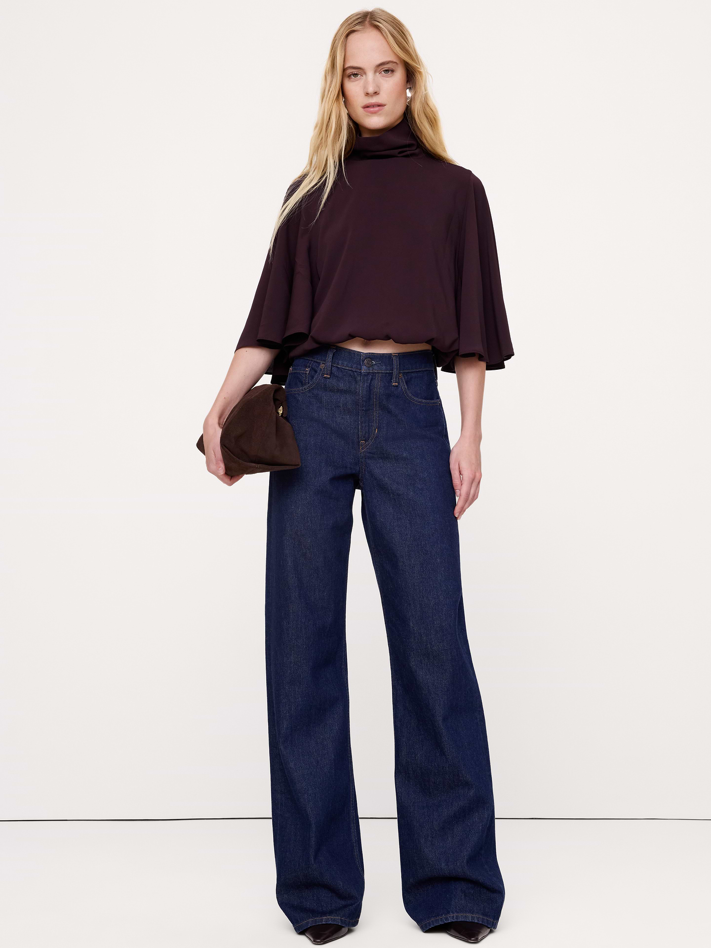 Image 1 of 4, Going somewhere? Wear this. We cut this top from a soft, light-as-chiffon georgette, adding a delicate mock neck., Relaxed Fit: A straight & roomy fit with dropped shoulder seams., Mock neck with ruched detailing., Straight hem., Product #1180187