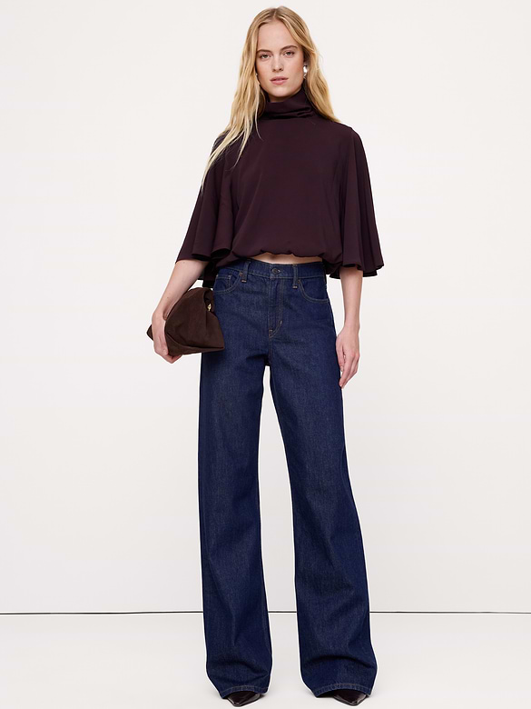 Georgette Ruched Mock-Neck Cropped Top
