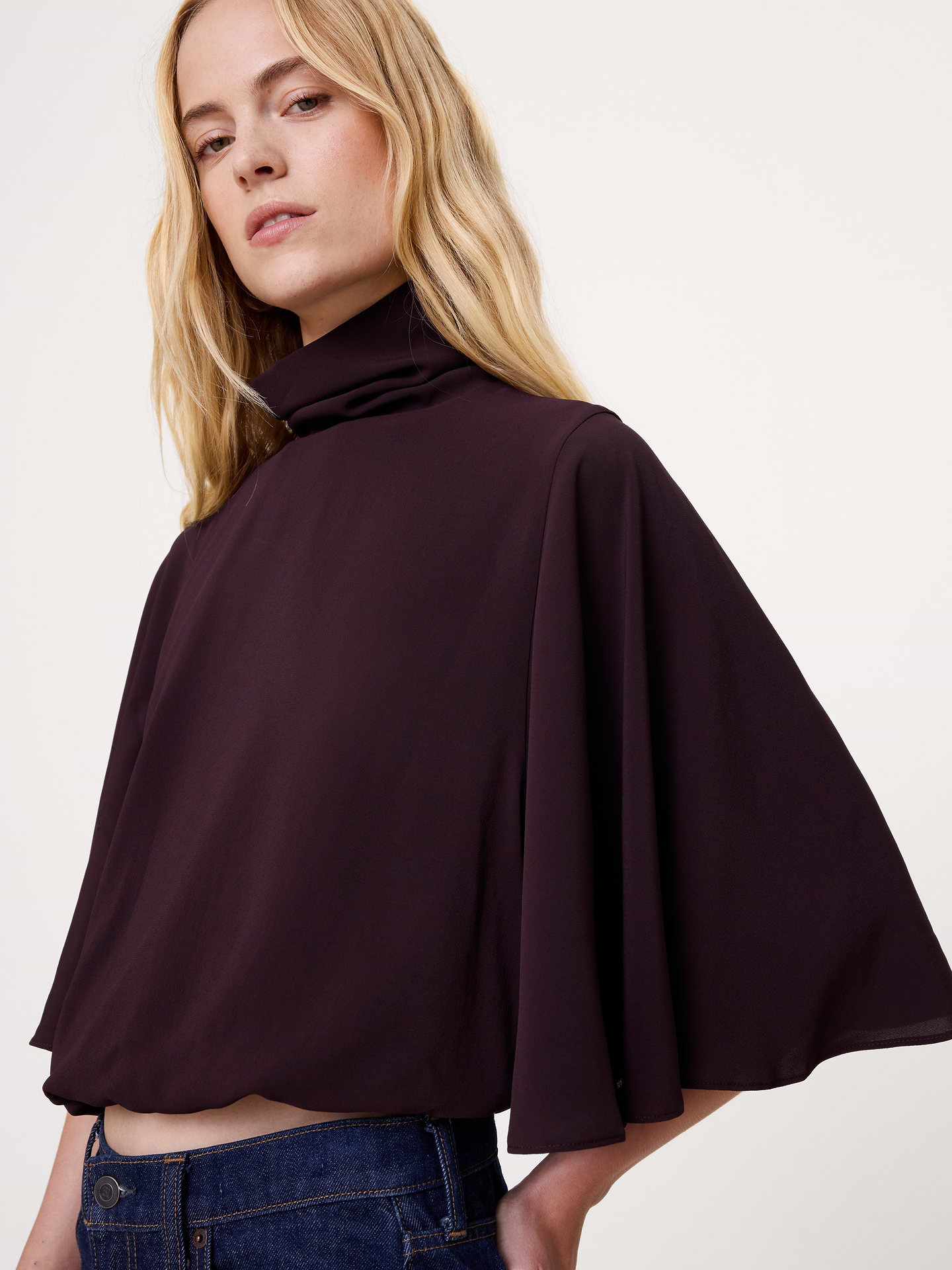 Image 3 of 4, Georgette Ruched Mock-Neck Cropped Top