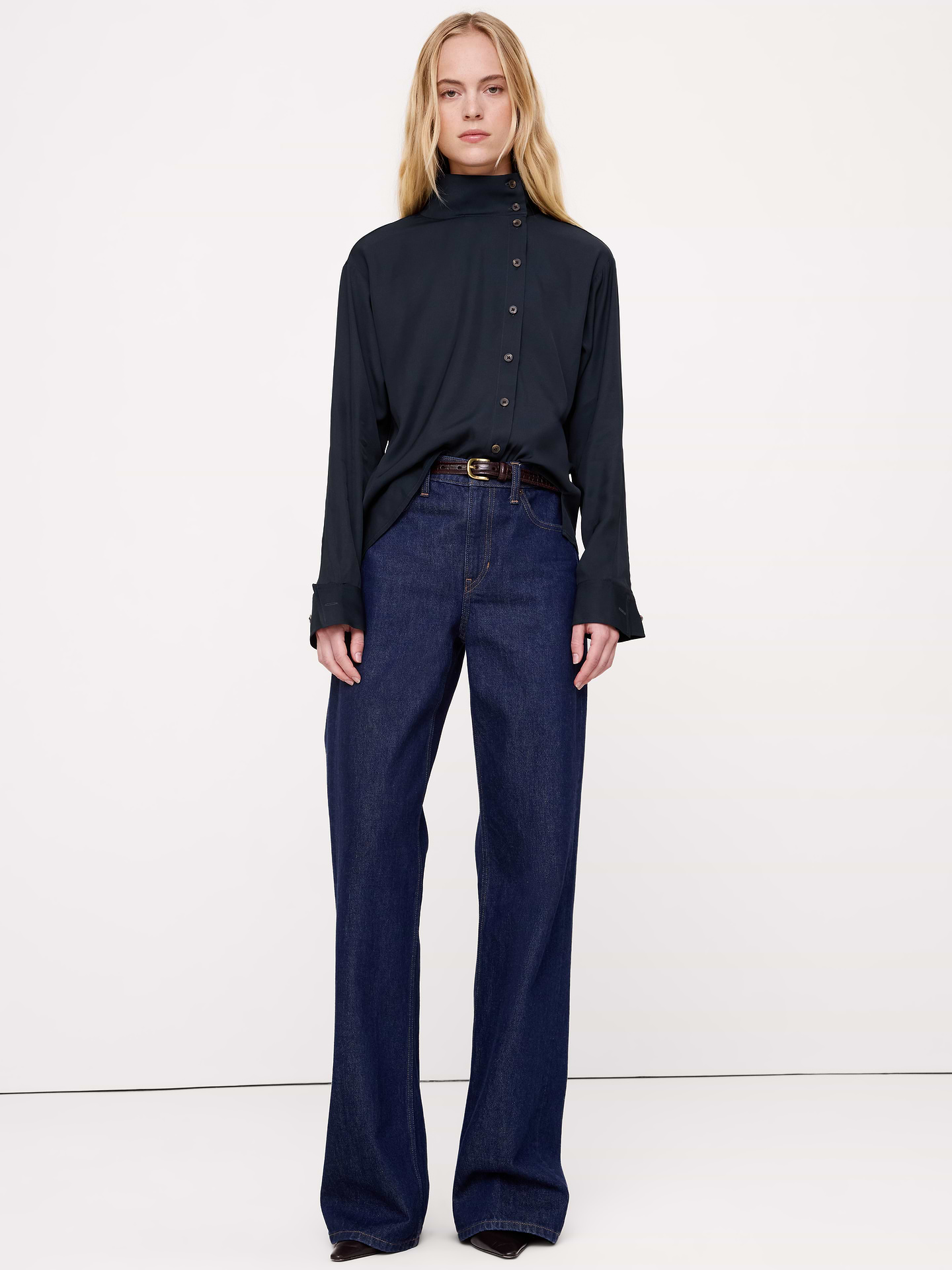 Image 5 of 6, Drapey Twill Asymmetrical Button-Front Blouse