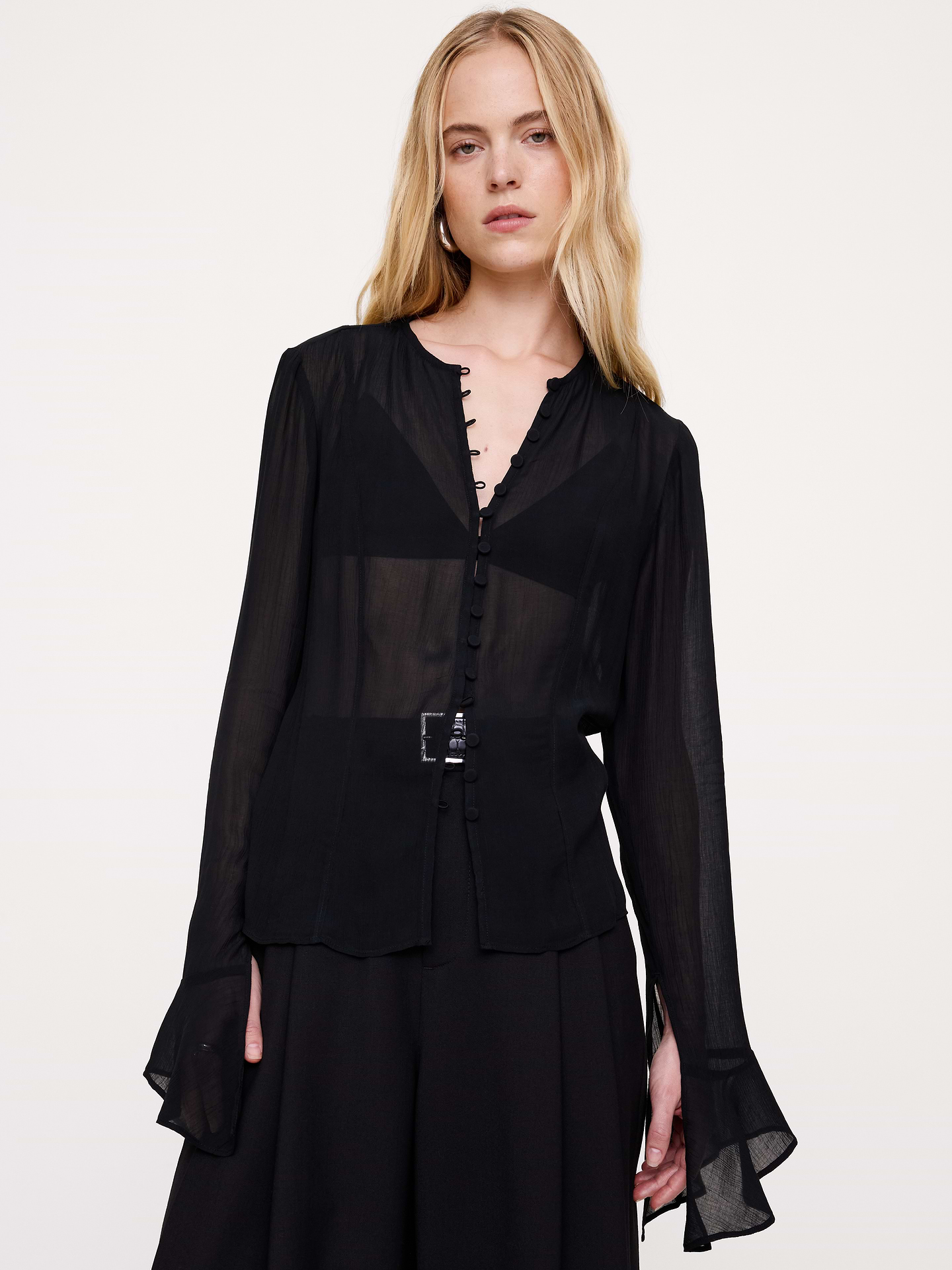 Image 1 of 3, There's so much to love about this top: the flowy silhouette, the delicate buttons, and the romantic sleeves. Cut in a semi-sheer, crinkle chiffon that’s easily dressed up or down., Classic Fit: A straight and easy fit., Crew neck with button loop closure., Fluted bell sleeve., Unlined., Product #1183800