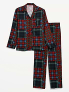 Image 1 of 2, set includes pajama shirt and matching pants, spread collar, long sleeves, button front, elastic-waist pajama pants, on-seam hip pockets, prints match back to the fam, Product #905023