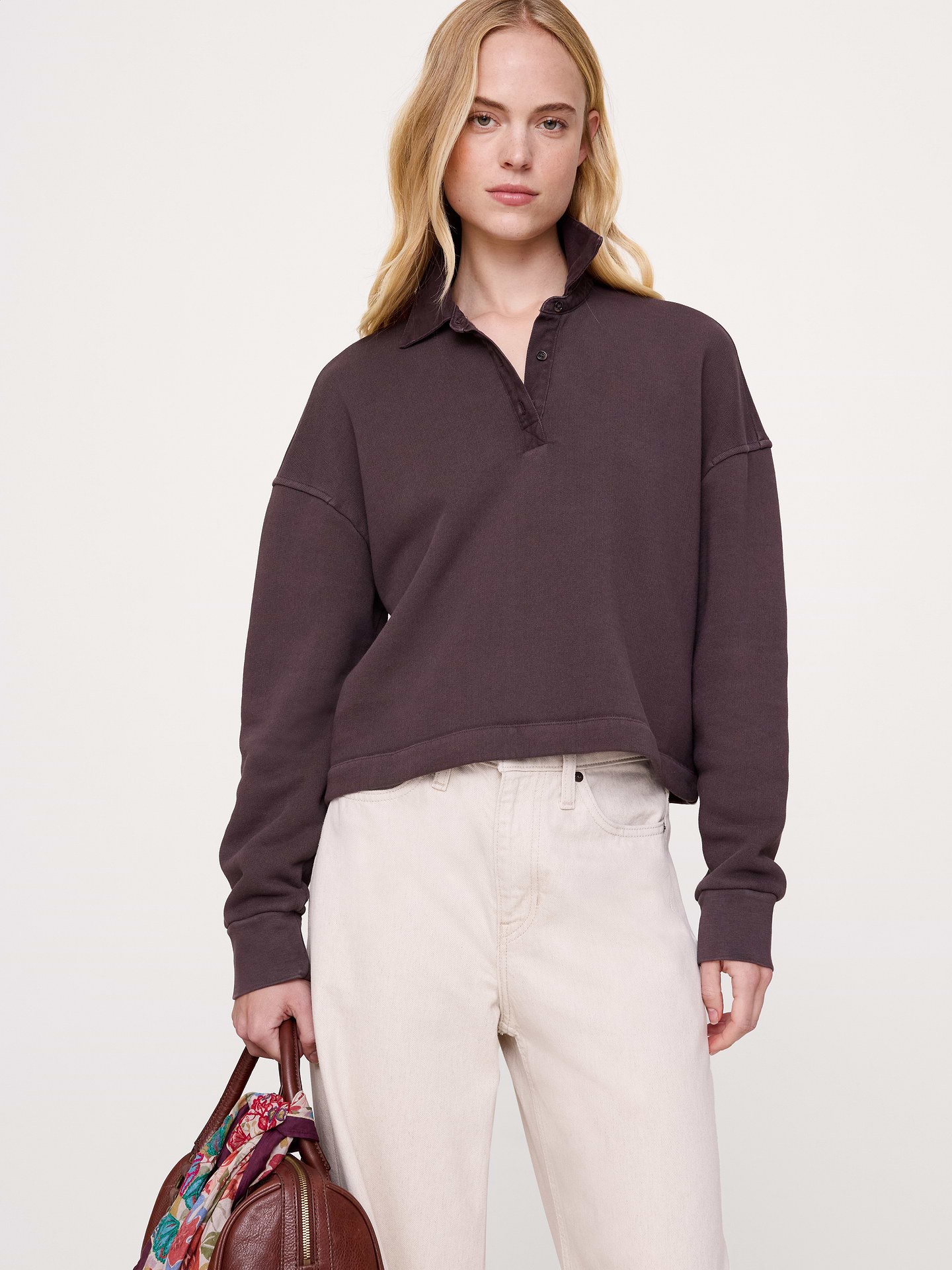 Image 1 of 3, We love French terry for its softness and all-weather weight. Here, a polo version of your fave sweatshirt, with a garment wash (for softness and an already-loved color)., Ultra-Oversized Fit: Lots of room through chest, shoulders, and waist. Dropped shoulder seam., Polo collar and button placket., Straight hem., Product #1183386