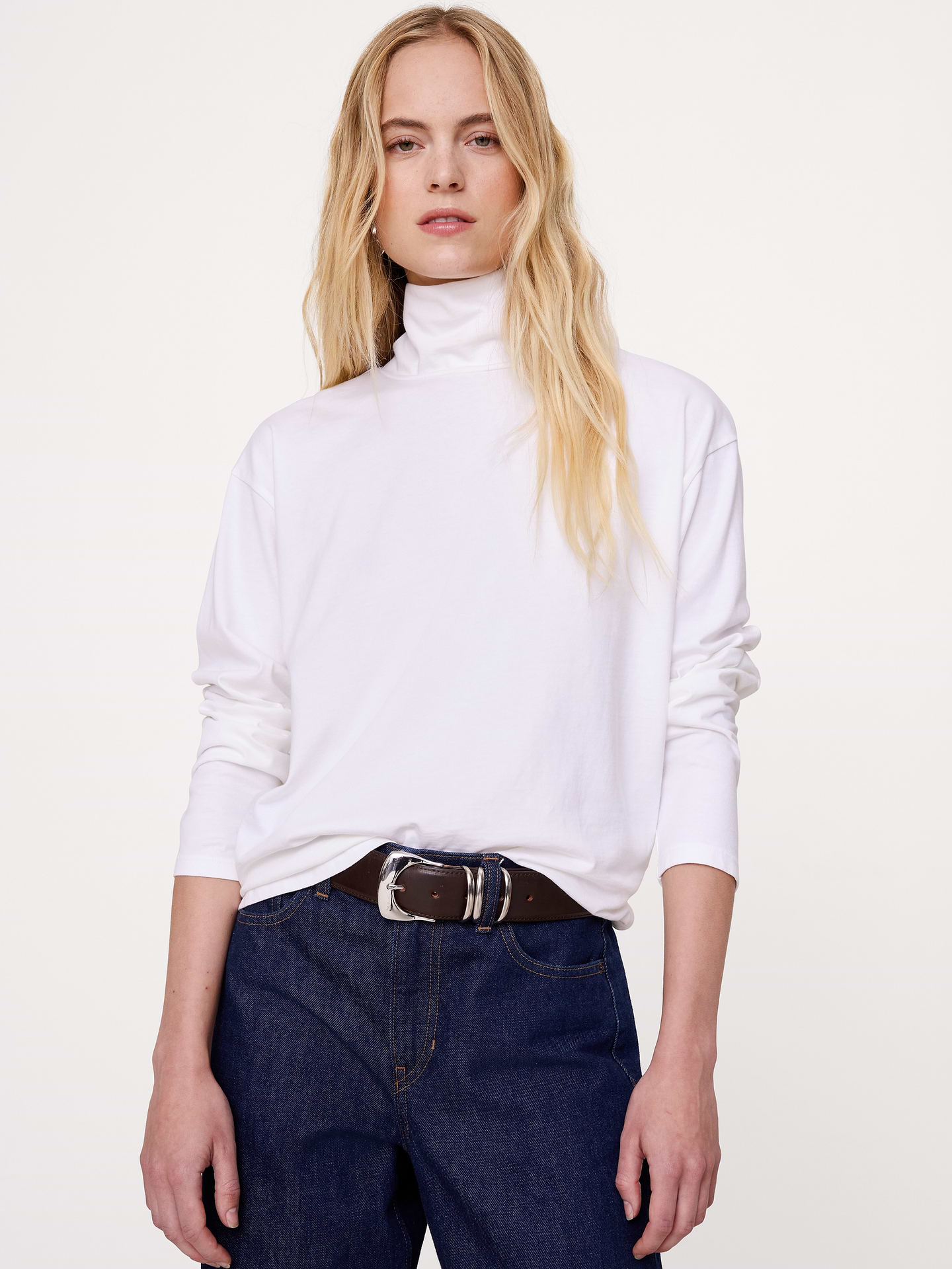Image 1 of 3, One of our best tees to date, we cut this one with a roomy fit and funnel neck, crafted in a midweight cotton we love for its vintage-like softness., Oversized Fit: Extra room through chest, shoulders, and waist. Dropped shoulder seam., Funnel neck., Straight hem., Product #1183323