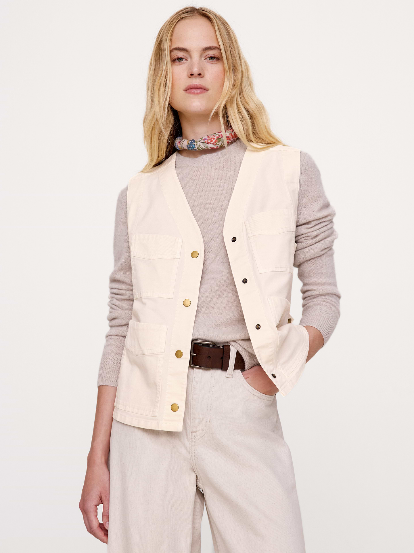 Image 1 of 8, We cut this utility vest in our stretch-cotton twill so it's rugged enough to last and specially-washed for softness., Fitted: Slim. Sits close to the body., V-neck with button front., Four exterior pockets., Unlined., Product #1186383