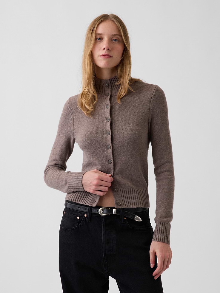 Image 1 of 5, Supersoft cotton-blend fitted cardigan sweater. In a slightly cropped length., Mockneck, button front., Long sleeves., Ribbed cuffs and hem., Product #1192306
