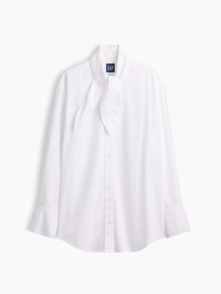 Image 5 of 5, Organic Cotton Poplin Tie-Neck Big Shirt