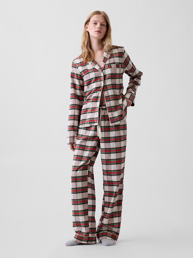 Image 1 of 6, Our softest flannel ever. Double washed for extra softness. Fully relaxed for easy comfort. Universally perfect for absolutely everyone., Supersoft cotton flannel pajama shirt and pants PJ set. In an relaxed fit., Notch collar., Long sleeves., Button front., Chest patch pocket., Elasticized waist with drawcords., Side slant pockets., Allover print., This product was made in a factory that invests in gender equity and women’s empowerment through RISE. Learn more at gapinc.com/equity ., Product #1186866