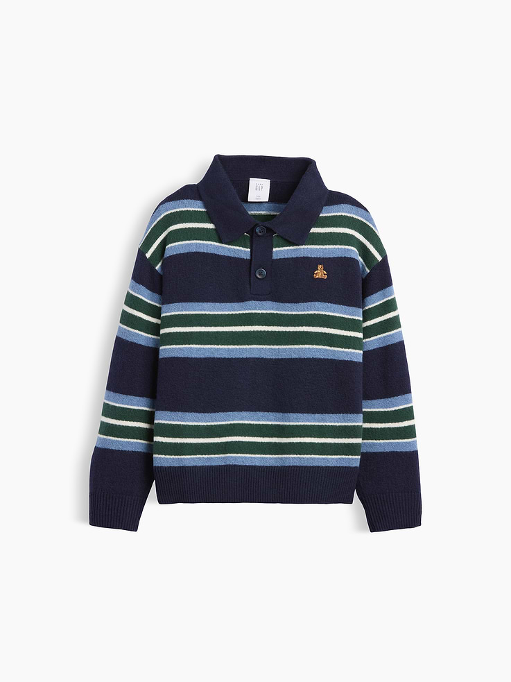 Image 1 of 4, Our bestselling fabric that feels cashmere-soft. Crafted in a midweight plush yarn. Refined with a special brushed technique. It's everyday luxury., Supersoft knit cotton-blend polo sweater., Spread collar with front button placket., Long sleeves., Embroidered Brannan Bear at chest., Ribbed cuffs and hem., This product was made in a factory that invests in gender equity and women’s empowerment through RISE. Learn more at gapinc.com/equity ., Product #909749