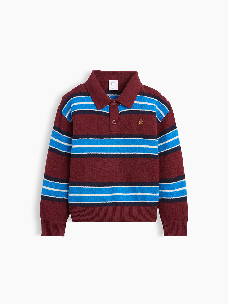 Image 1 of 4, Our bestselling fabric that feels cashmere-soft. Crafted in a midweight plush yarn. Refined with a special brushed technique. It's everyday luxury., Supersoft knit cotton-blend polo sweater., Spread collar with front button placket., Long sleeves., Embroidered Brannan Bear at chest., Ribbed cuffs and hem., This product was made in a factory that invests in gender equity and women’s empowerment through RISE. Learn more at gapinc.com/equity ., Product #909749