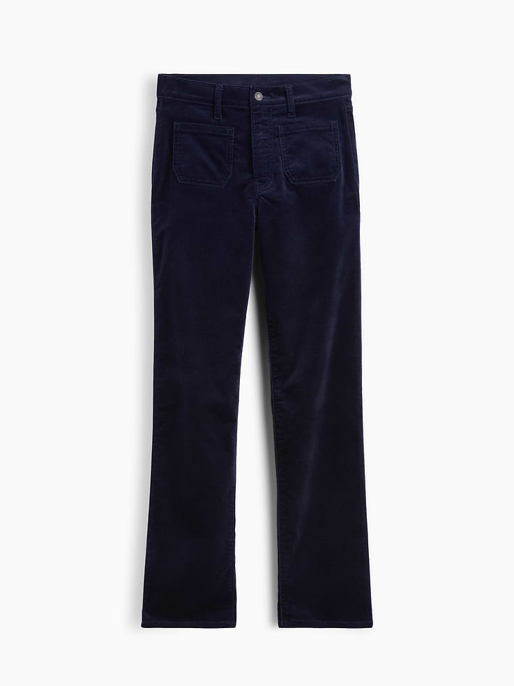 Image 1 of 2, Fit: A full-length classic straight-leg pant that's slim through the hip & thigh., Fabric: 80% Cotton, 12% Polyester, 6% Rayon, 2% Stretch., Stretch: Low Stretch Pants., Rise: High Rise Pants., Look: A classic straight pant in navy velvet., Details: Zip fly, front & back patch pockets., Made with 12% recycled polyester. Compared to virgin materials, using recycled materials helps reduce resource use and waste., This product was made in a factory that invests in gender equity and women’s empowerment through RISE. Learn more at gapinc.com/equity ., Product #1185250