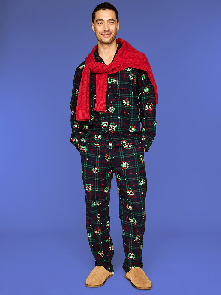 Image 1 of 5, notched collar, long sleeves, pocket at chest, button front, matching pajama pants, elastic-drawstring waistband, on-seam pockets, ©Disney, Product #905026