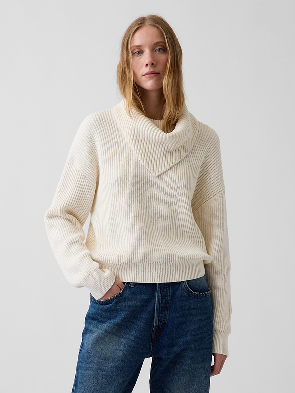 100% Cotton Relaxed Scarf-Neck Sweater