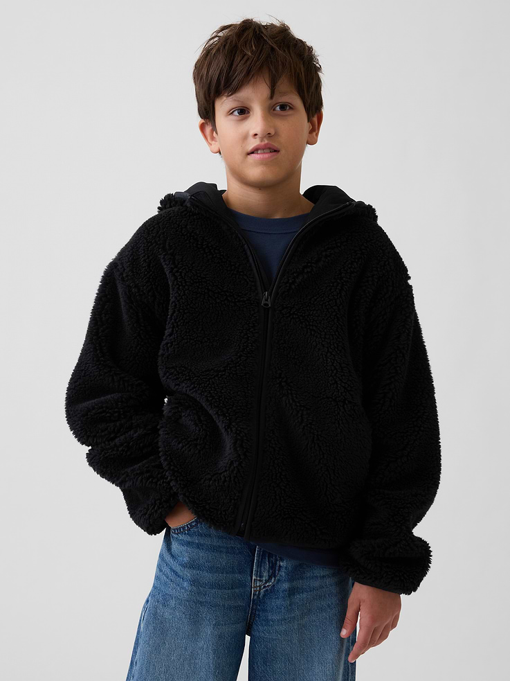 Image 1 of 6, Soft sherpa full-zip jacket. In a relaxed fit., Hooded neckline., Long sleeves with drop shoulders., Zipper front., Side on-seam pockets., Binding at cuffs and hem., Fully lined., Explore the Gap Gift Shop ., Product #909136