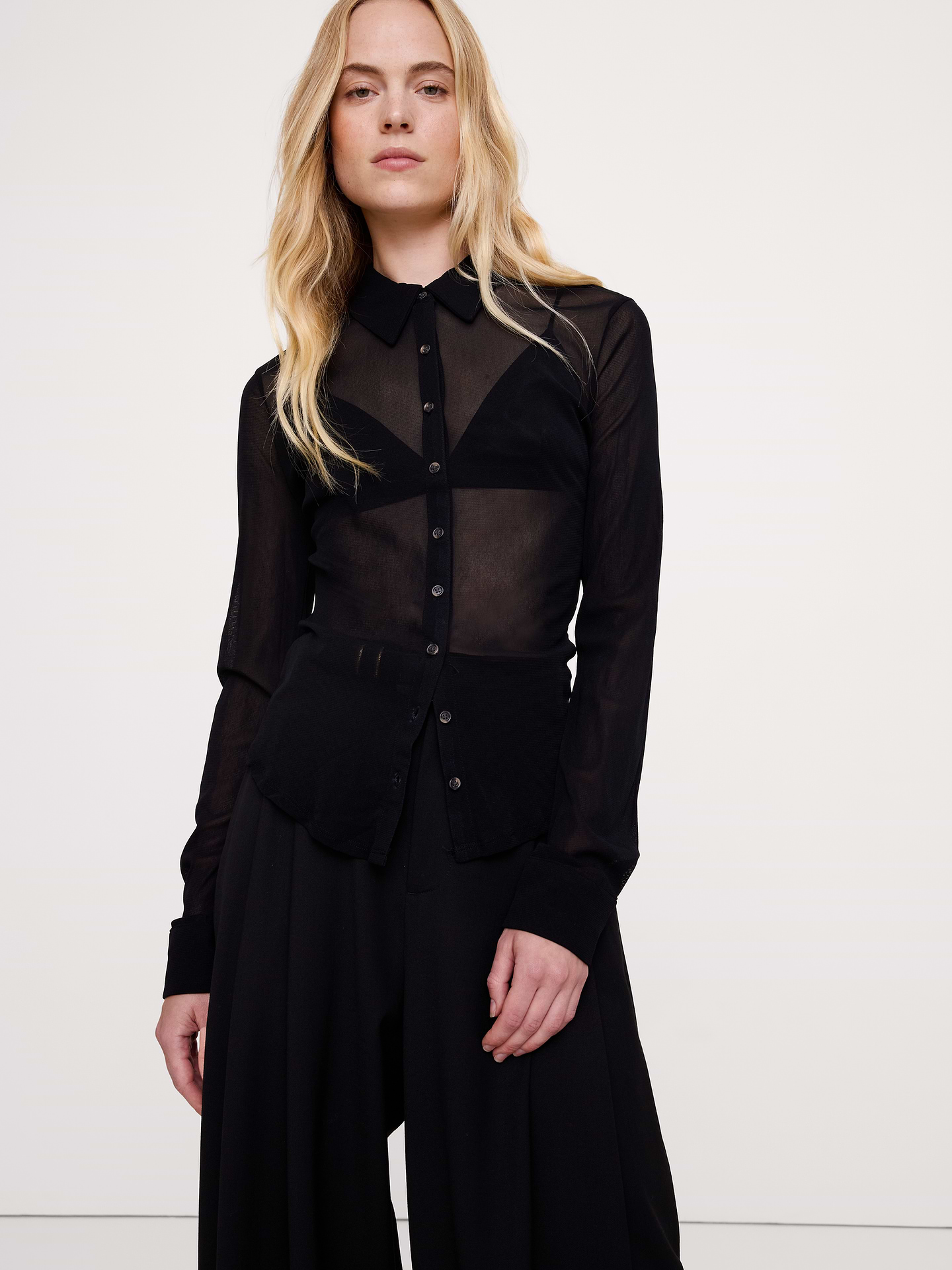 Image 1 of 4, You're going out in this. We love our mesh shirt for its semi-sheer vibe balanced with a polished collar. Plus, it's super stretchy and t-shirt soft., Fitted: Slim. Sits close to the body., Point collar and button closure., Curved hem., Unlined., Product #1183387