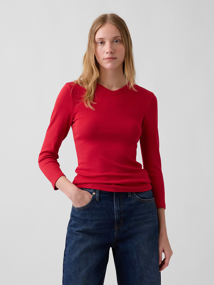 Image 1 of 5, Soft stretch cotton-modal blend T-shirt., High v-neck., 3/4 sleeves., Product #1189486