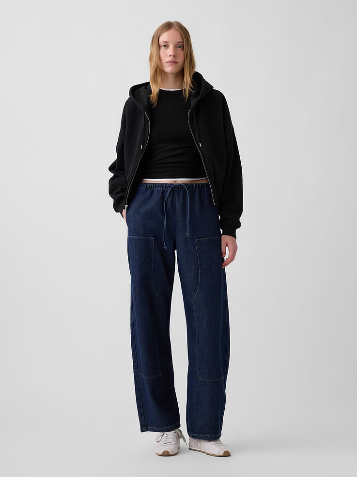 Image 1 of 7, Fit: A full-length barrel jean that's fitted at the waist with a relaxed leg and tapered ankle., Fabric: 55% Cotton, 40% Tencel, 5% Recycled Cotton., Stretch: No Stretch Jeans. Authentic denim that gets better with every wear. Made to wear all day & break in over time., Rise: High Rise Jeans., Look: A pull-on barrel jean in a dark wash., Details: Elasticized waist with drawcords, side on-seam pockets, back patch pockets, and double-knee panel seaming at front., Responsibly Made: This pair of jeans is part of our water-saving Washwell program. Compared with conventional wash methods, Washwell uses at least 20% less water., Made with 55% Protocol cotton verified by the U.S. Cotton Trust Protocol, a program which works with farms committed to improving their environmental footprint by minimizing water usage and improving soil health (Claim No. 10127)., Made with 5% recycled cotton. Compared to virgin materials, using recycled materials helps reduce resource use and waste., This product was made in a factory that invests in gender equity and women’s empowerment through RISE. Learn more at gapinc.com/equity ., Product #1193181