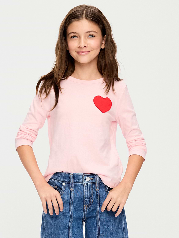 Softest Long-Sleeve Heart-Patch T-Shirt for Girls