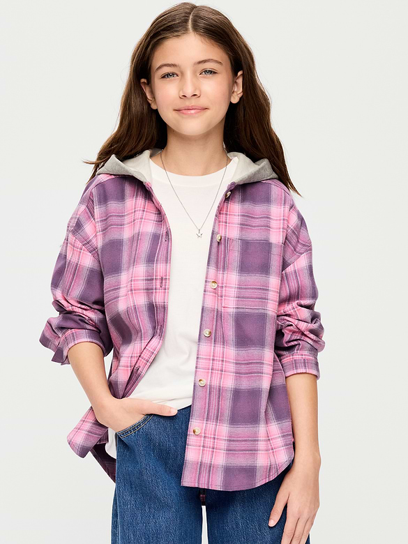 Oversized Long-Sleeve Hooded Flannel Shirt for Girls