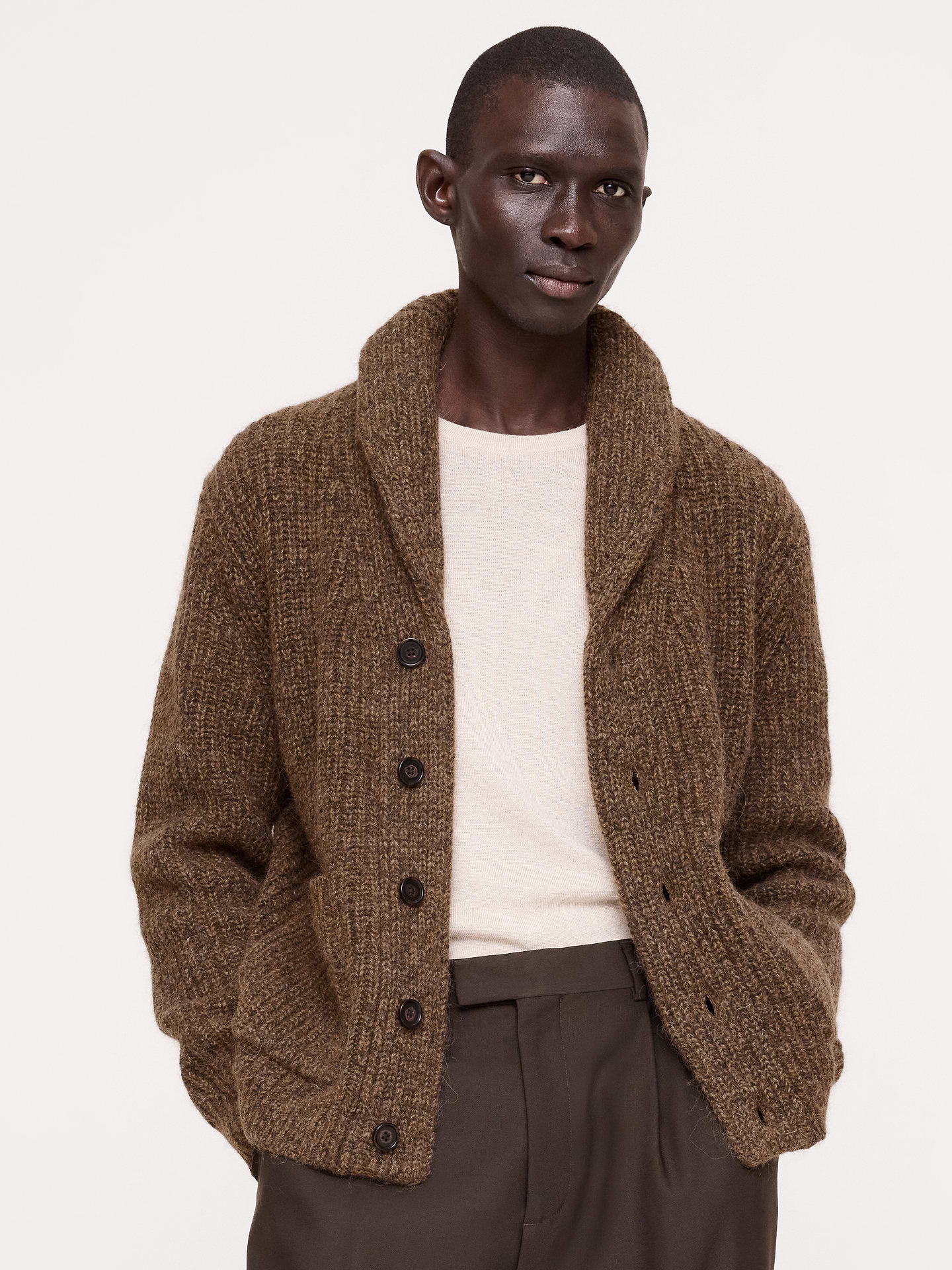 Image 1 of 6, Ideal for cool weather, this substantial cardigan is cut from a soft wool-blend with beautiful dimension. We added a shawl collar for extra cozy layering., Relaxed Fit: A straight & roomy fit with dropped shoulder seams., Shawl collar with button closure., Front pockets., Straight hem., Product #907512