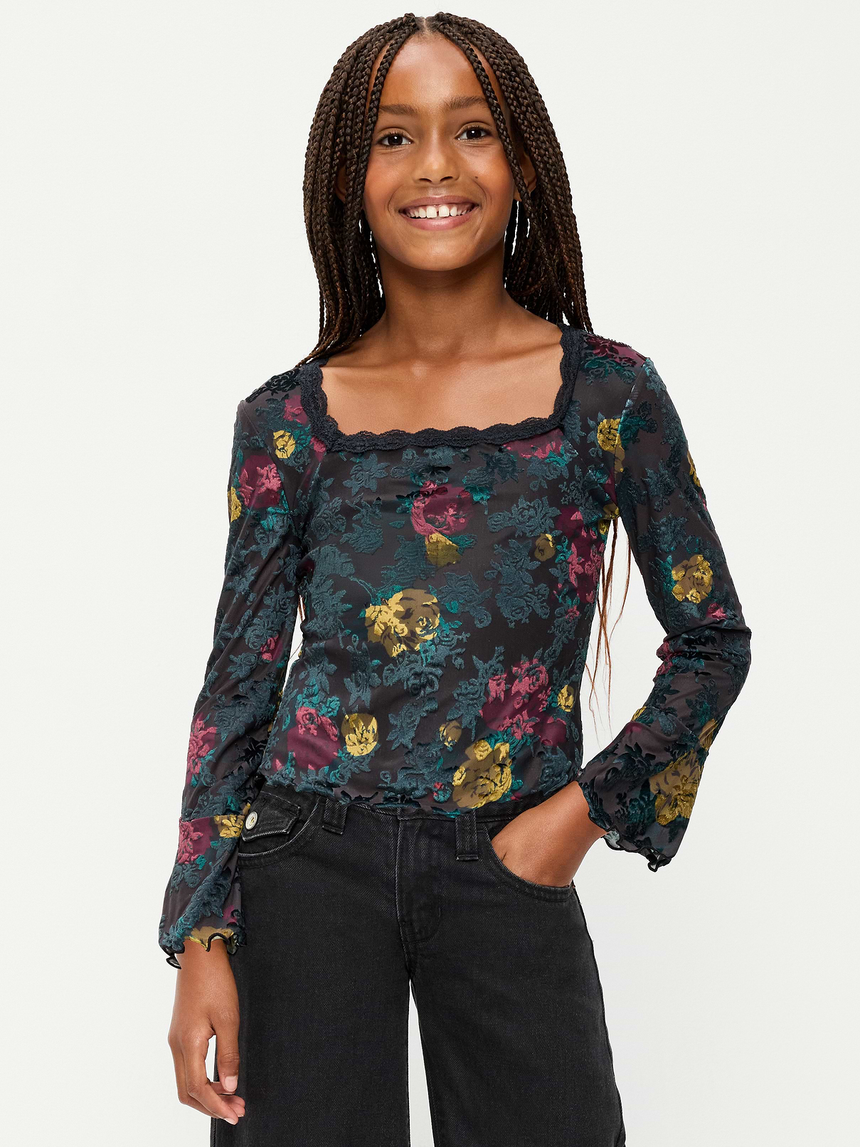 Long-Sleeve Floral Velour Top for Girls