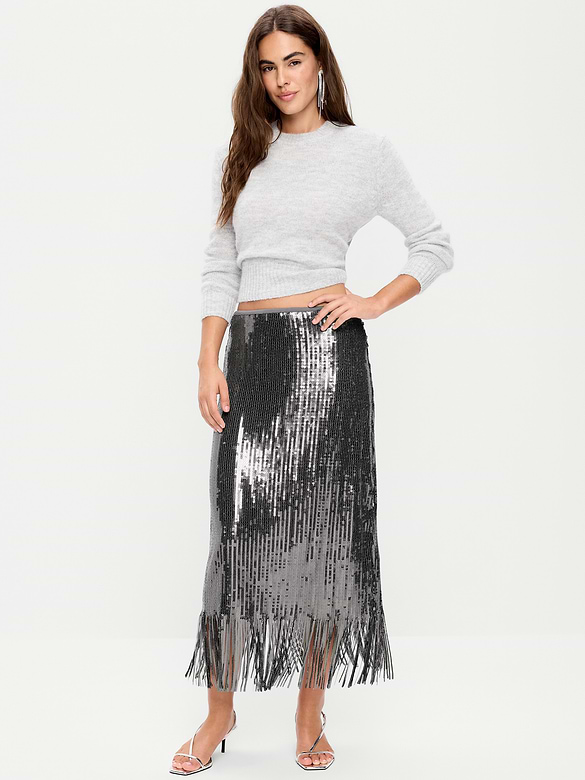 Sequin Fringe-Hem Midi Skirt