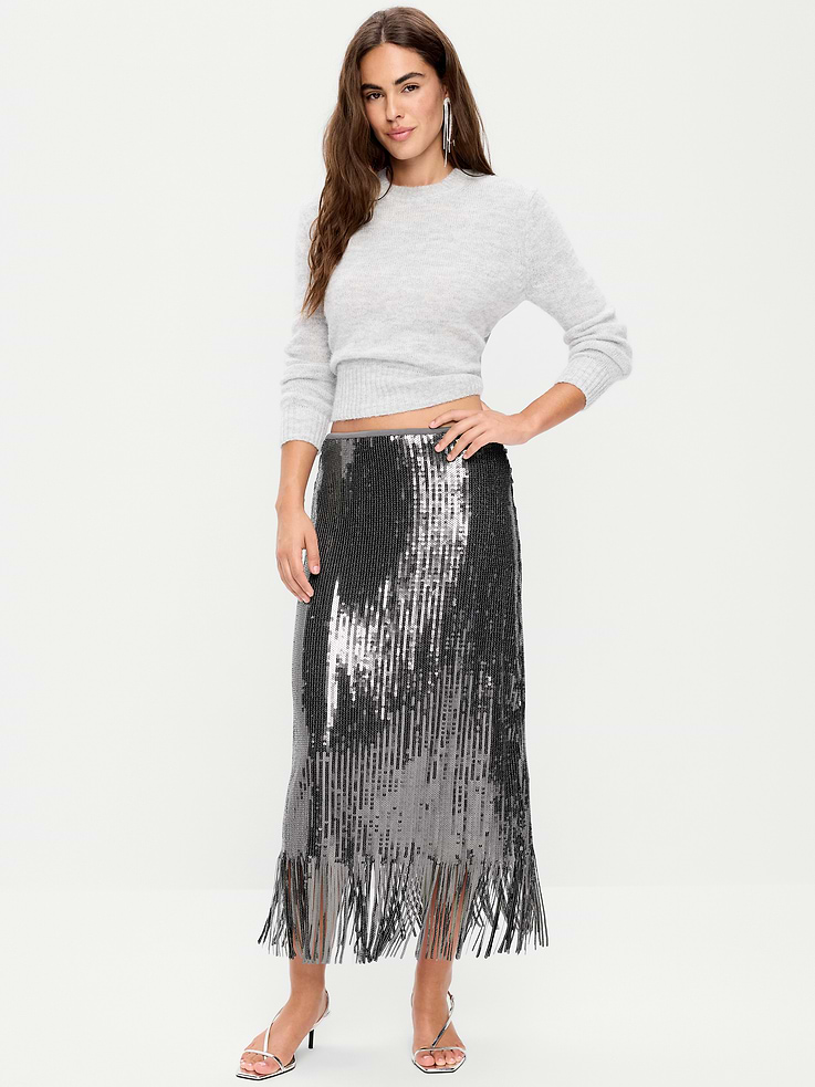 Image 1 of 6, elasticized waistband, allover sequin embellishments, straight silhouette, long fringe trim at hem, Product #1185453
