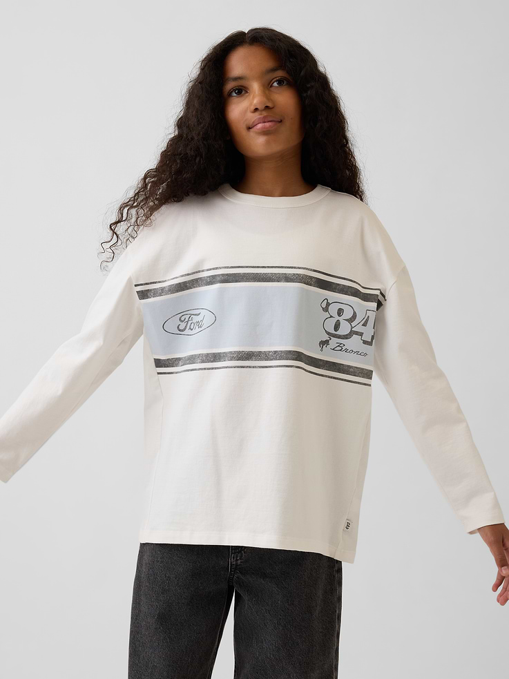 Image 1 of 4, Soft, heavyweight cotton jersey graphic T-shirt. In an oversized fit and longer length., Crewneck., Long sleeves with drop shoulders., Graphics at front., Product #1185501