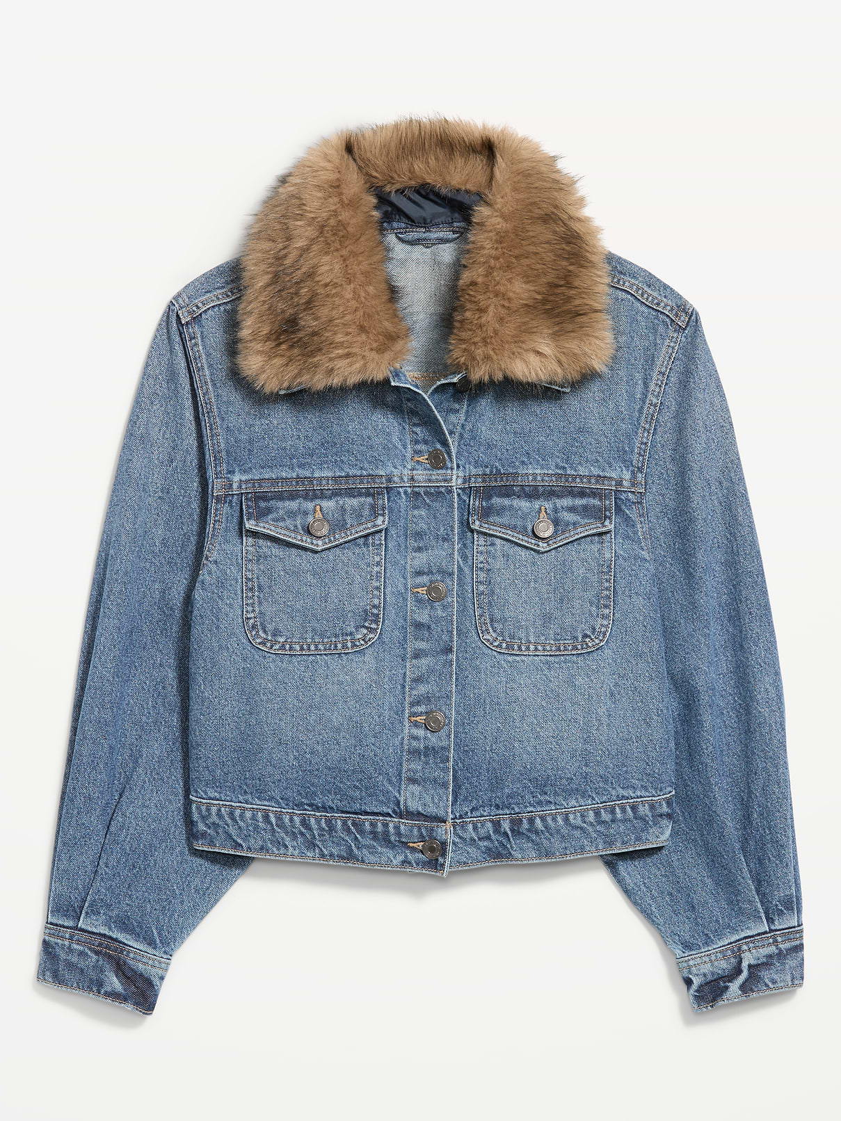 Faux-Fur Collar Cropped Denim Trucker Jacket