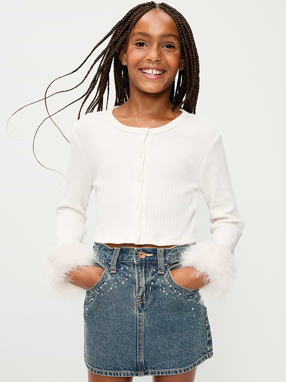 Cropped Faux-Fur Cuff Cardigan Sweater for Girls