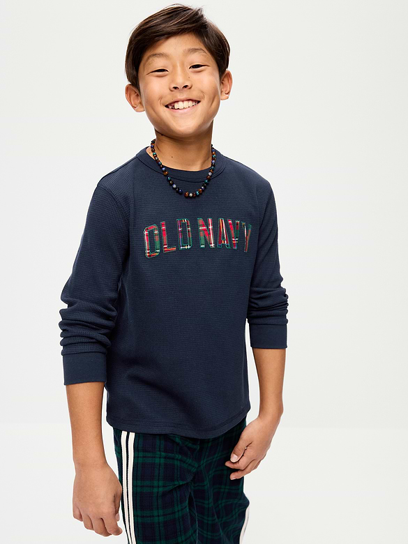 Long-Sleeve Waffle-Knit Logo Graphic T-Shirt for Boys
