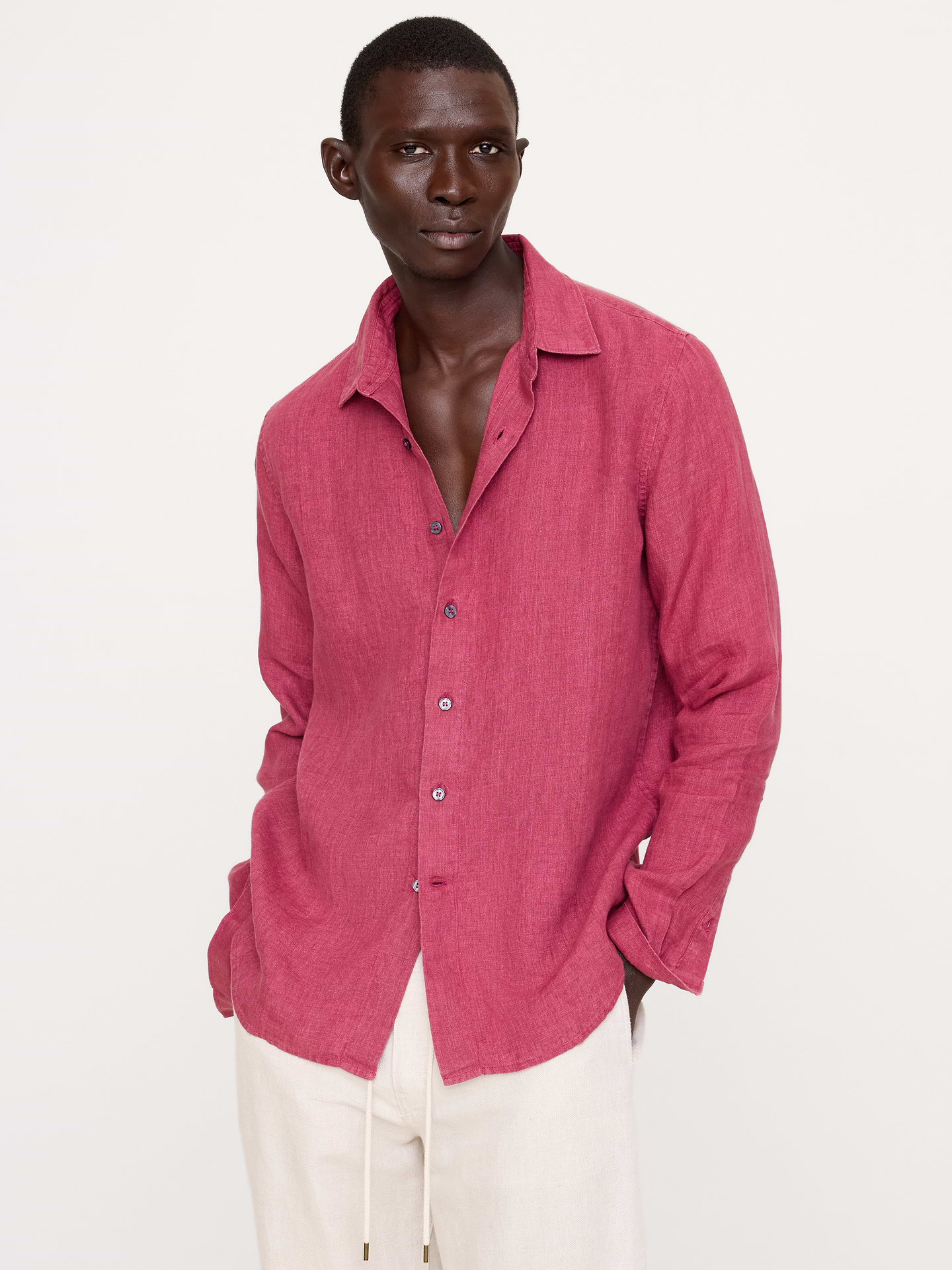 Image 1 of 8, Things we love about this 100% linen: the rich color, the already-loved softness and how it stays breathable even in heat and humidity. Here, we kept the fit easy and opted for a classic point collar., Standard Fit: A straight and easy fit., Point collar with button front., Shirttail hem., Product #893183
