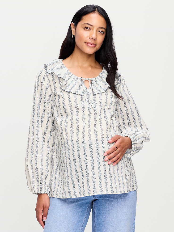 Image 1 of 2, v-neck, ruffle collar, tie at neck, long sleeves, Product #915818
