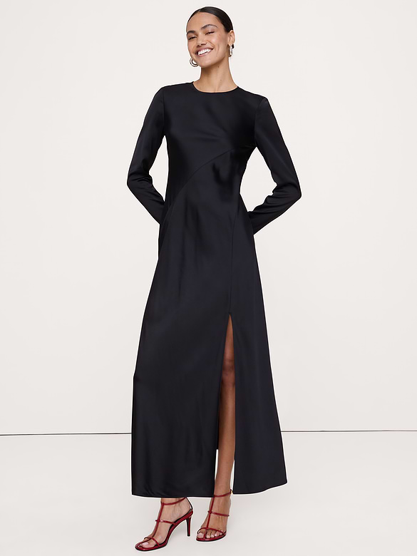 Bias-Cut Stretch-Satin Maxi Dress with Slit