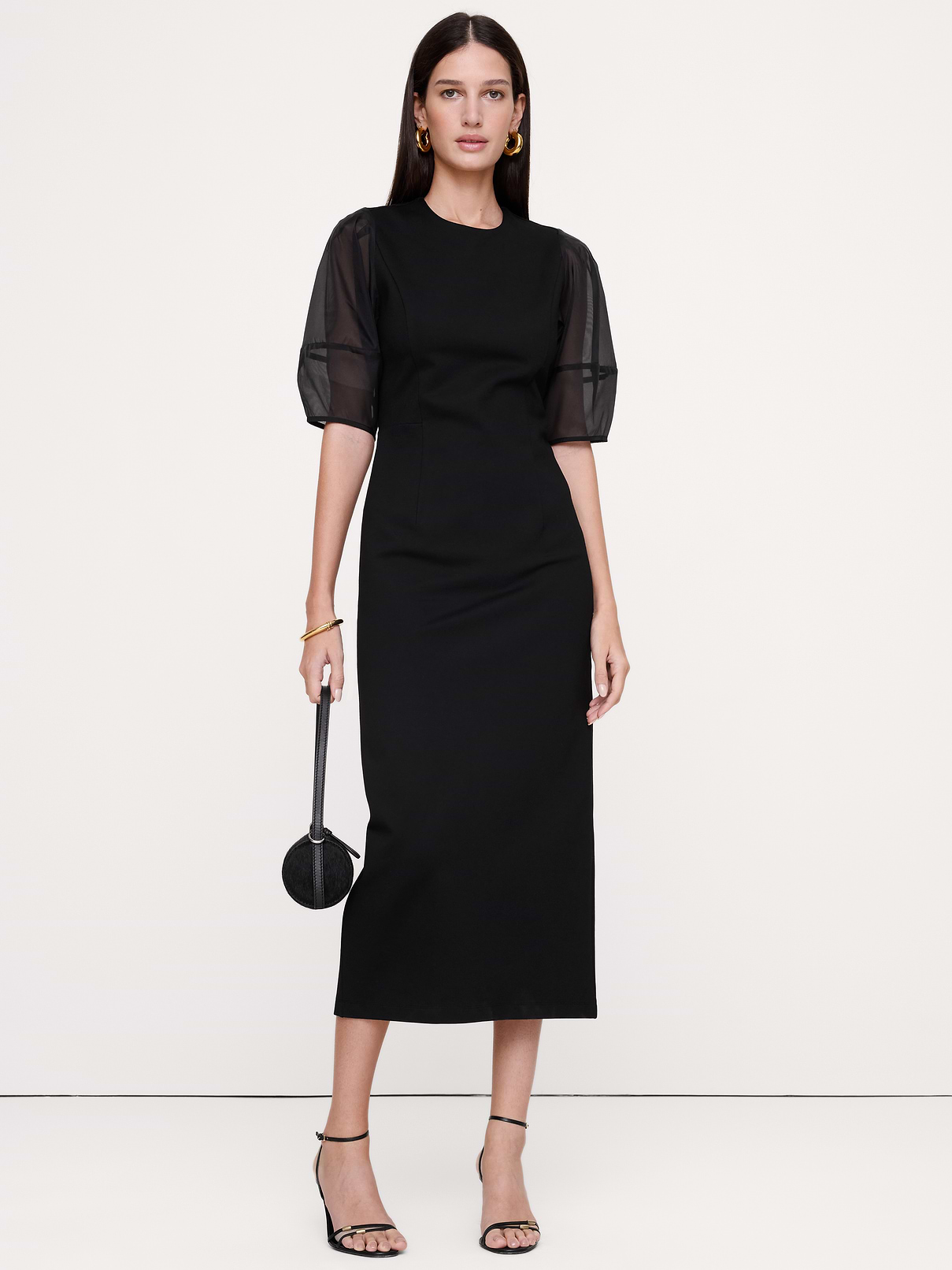 Ponte + Organza Puff-Sleeve Midi Dress