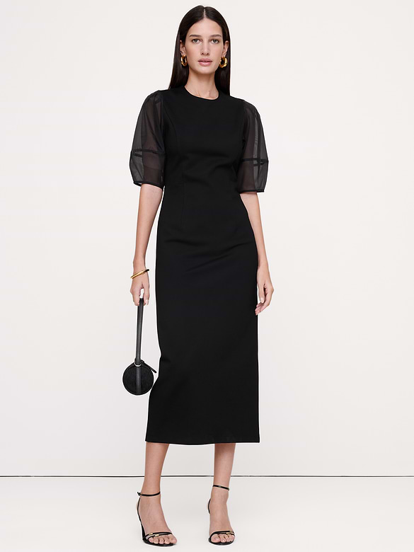Ponte + Organza Puff-Sleeve Maxi Dress