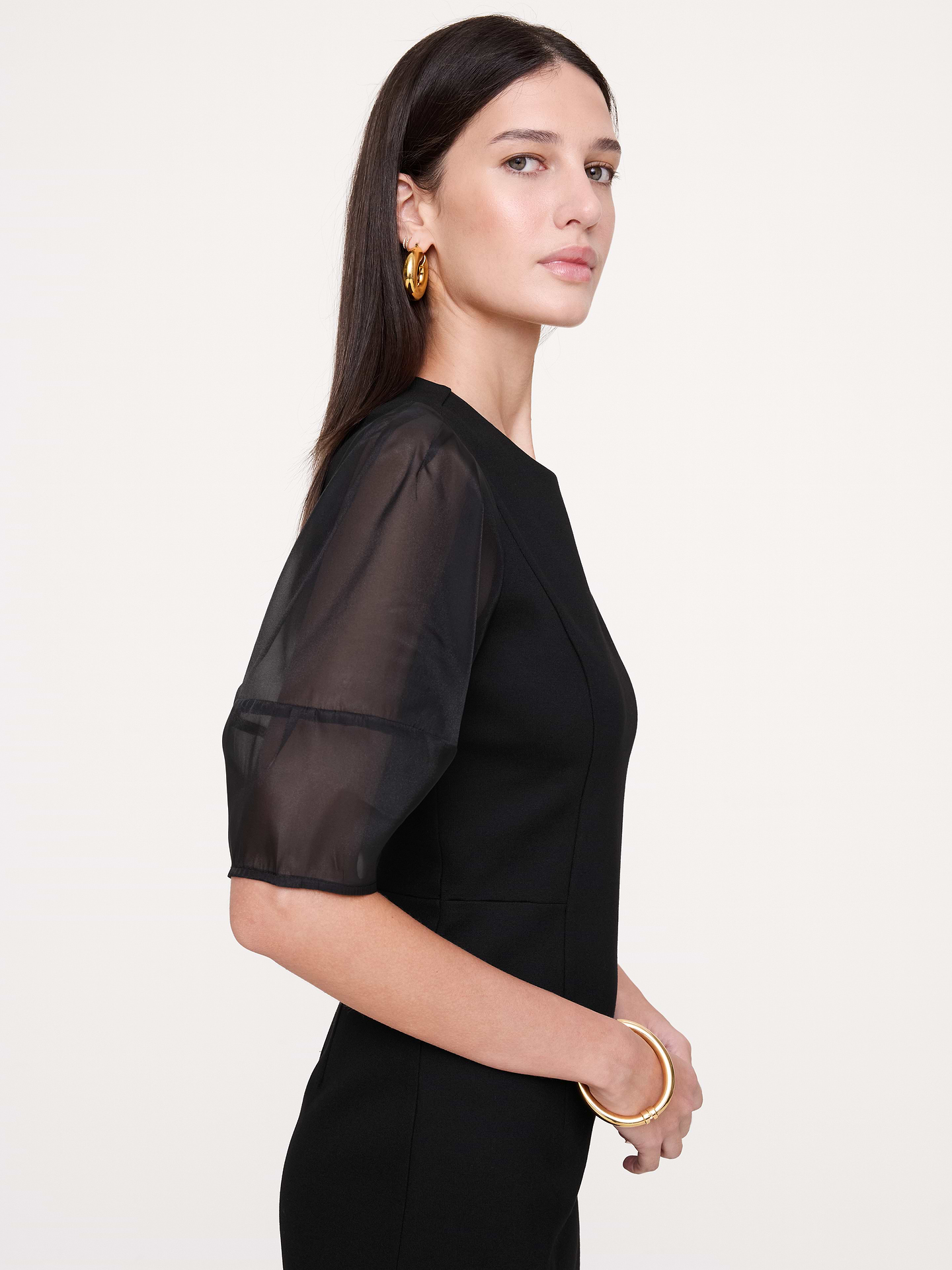 Image 3 of 3, Ponte + Organza Puff-Sleeve Maxi Dress