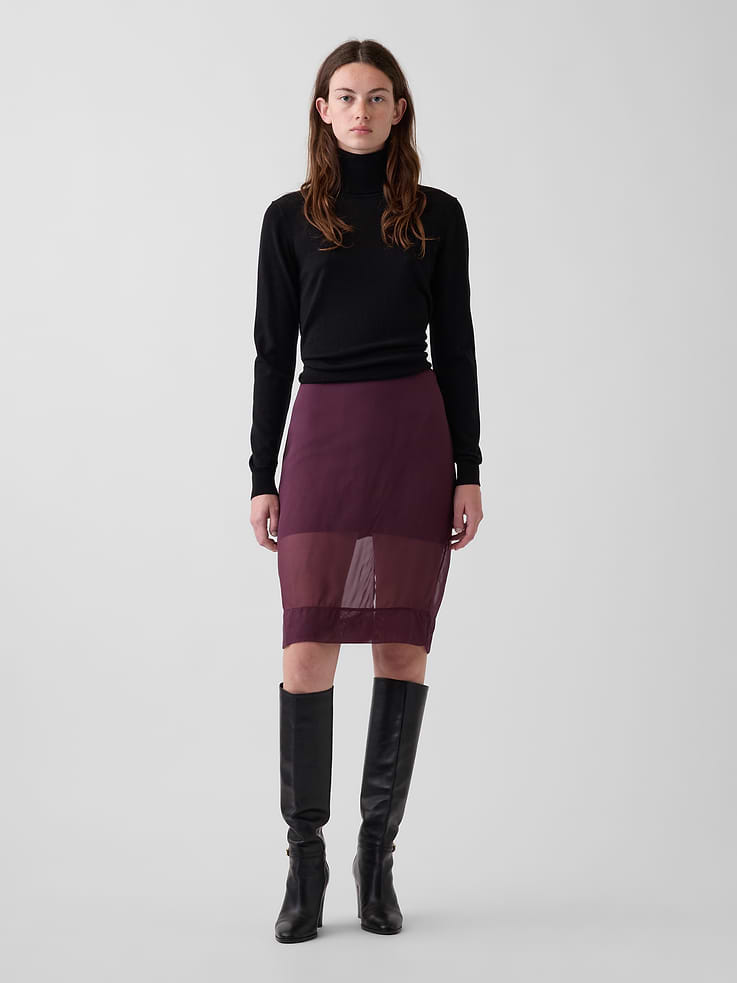 Image 1 of 6, Lined, sheer organza knee-length skirt., Zipper with hook-and-eye closure at back., Attached skirt lining., Product #1183780
